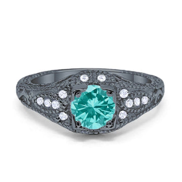 Vintage Design Solitaire Wedding Ring Black Tone, Simulated Paraiba Tourmaline CZ 925 Sterling Silver